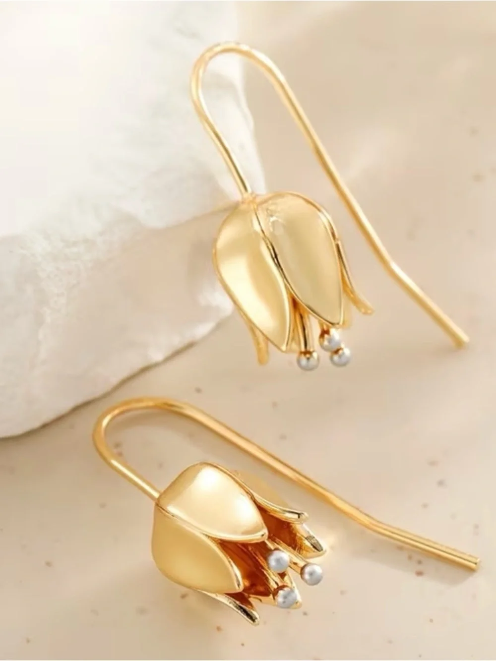 Gold Fushia floral Drop Earrings with Pearl stamens
